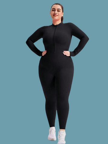 Tuta da allenamento senza cuciture a 4 vie per taglie forti da donna - collo a giro e maniche lunghe e tasche laterali e tuta con chiusura lampo